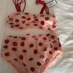 Strawberry Print Pink Panties Set bra retro pin up